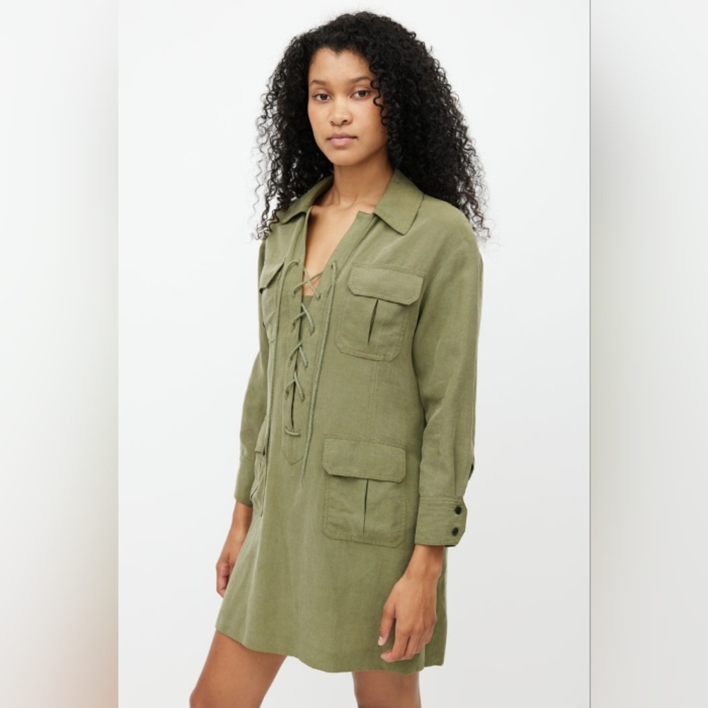 SMYTHE Olive Green Lace Up Front Tencel + Linen Utility Dress XS